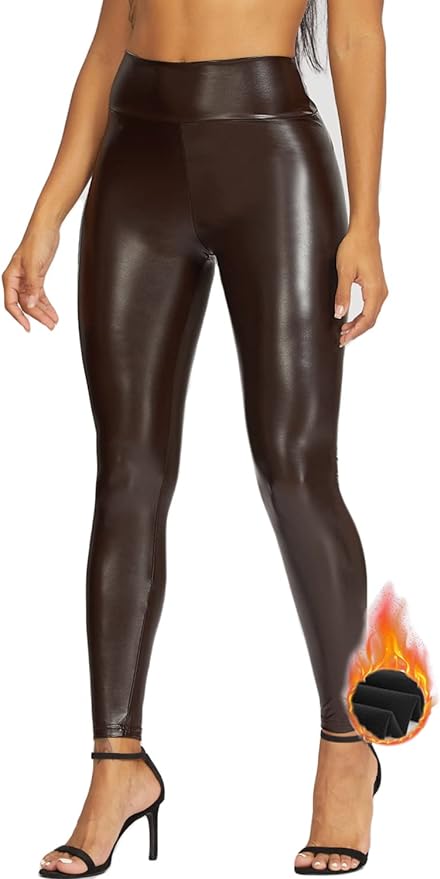 RIOJOY Womens Sexy Leather Leggings PU High Waist Butt Lifting Pleather Pants Stretchy Faux Leather Tights Push Up