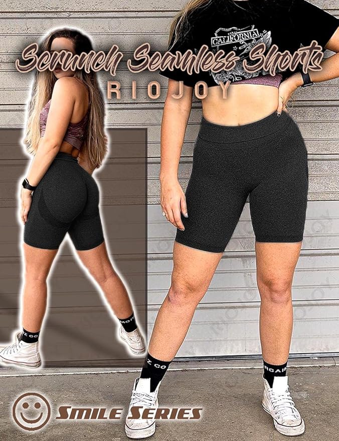 RIOJOY Scrunch Seamless Cycling Shorts for Women High Waisted Ruched Butt Lifting Sports Running Gym Shorts