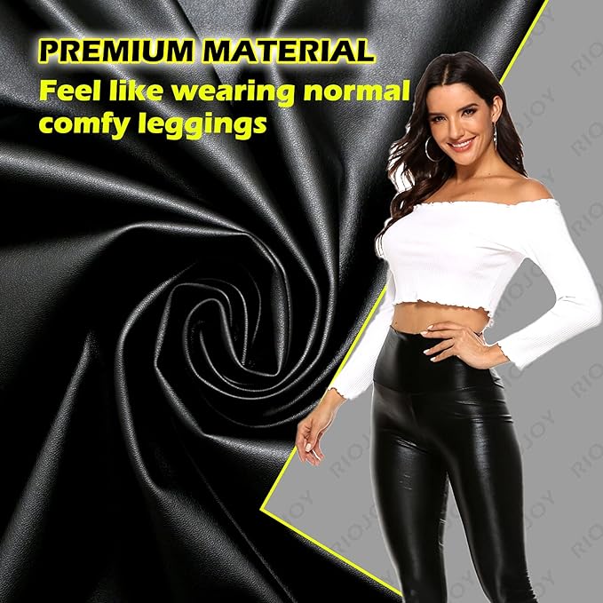 RIOJOY Faux Leather Leggings for Women Wet Look Full Length High Waist Leather Trousers