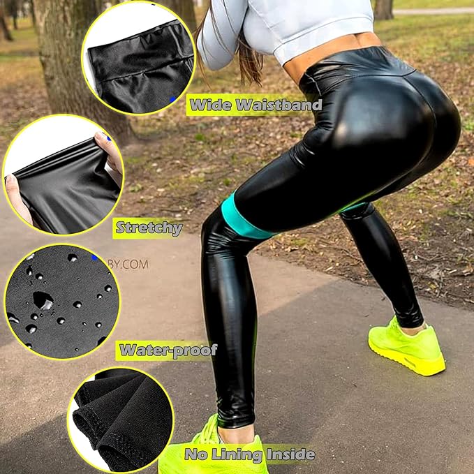 RIOJOY Faux Leather Leggings for Women Wet Look Full Length High Waist Leather Trousers