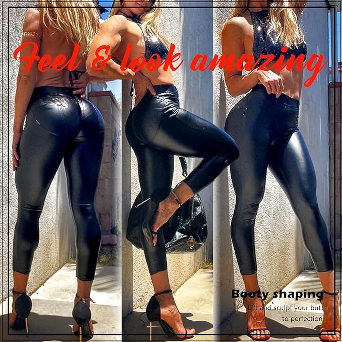 RIOJOY Wet Look Faux Leather Leggings Shaping Butt Push Up Leather Trousers for Women