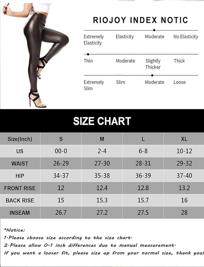 RIOJOY Womens Sexy Leather Leggings PU High Waist Butt Lifting Pleather Pants Stretchy Faux Leather Tights Push Up