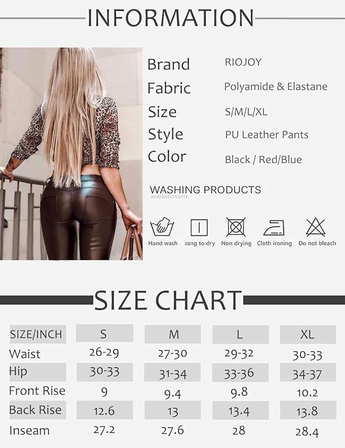 RIOJOY Wet Look Faux Leather Leggings Shaping Butt Push Up Leather Trousers for Women